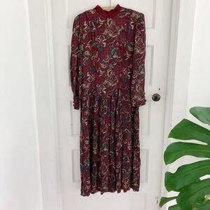 Vintage Lanz Originals Burgundy Paisley Long Sleeve Corduroy Collar Maxi Dress